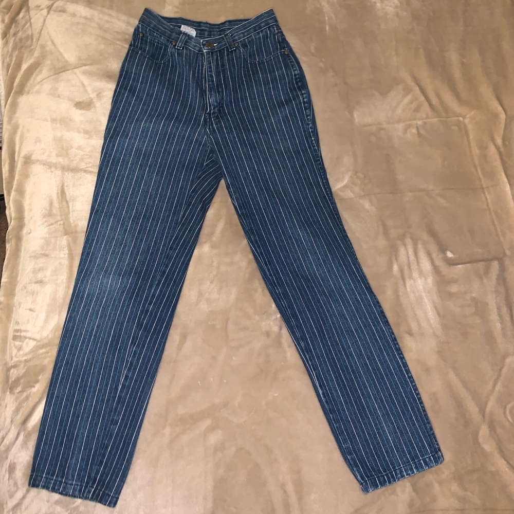 blue and white stripped high waisted jeans